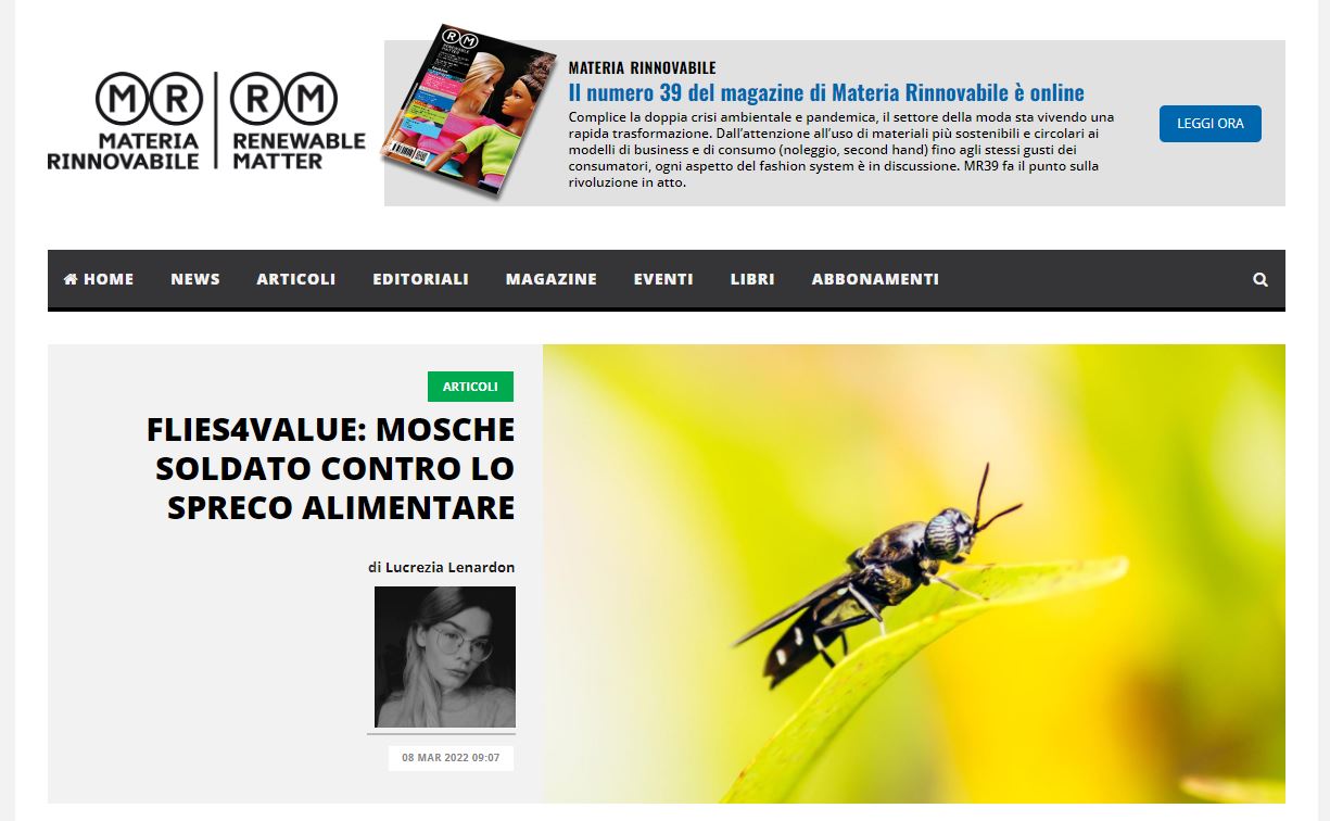 Pubblicato sul magazine dedicato all'economia circolare l'articolo "FLIES4VALUE: MOSCHE SOLDATO CONTRO LO SPRECO ALIMENTARE"